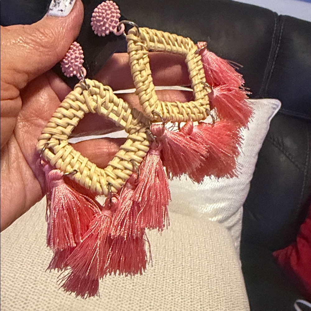 Pink and Tan Tassel bamboo Earrings